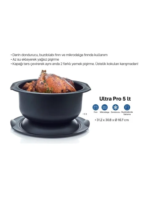 Mikrodalga ve fırın uyumlu, ısıya dayanıklı, çok amaçlı 5 litrelik Tupperware Ultra Pro fırın kabı.